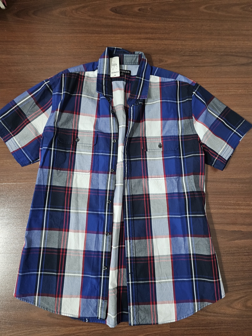 Express Men's Blue Plaid Short Sleeve Button-Up Shirt